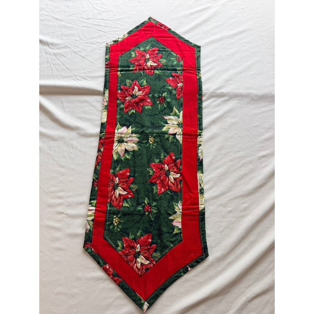 Handmade Quilted Christmas Table Runner Poinsettia Red Green 36 Inch Holiday